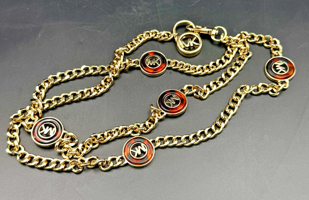 Michael Kors 38" Gold Tone Curb Chain Belt Faux Tortoiseshell Medallions MK Logo